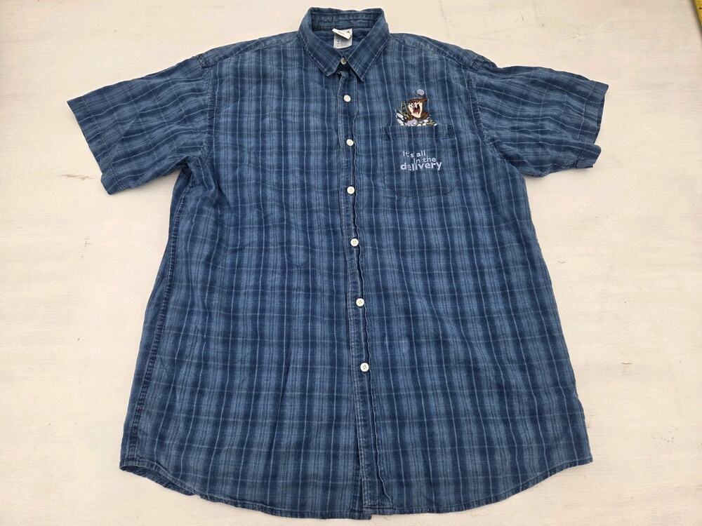 Vtg Warner Bros Tazmanian Devil Bowling Button Up Shirt Mens L Short Sleeve 90s